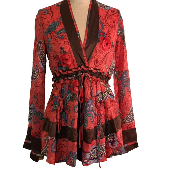 JOHNNY WAS Red Brown Paisley Tunic Top Womens XS Front Small Pockets Bohemian - Picture 1 of 9